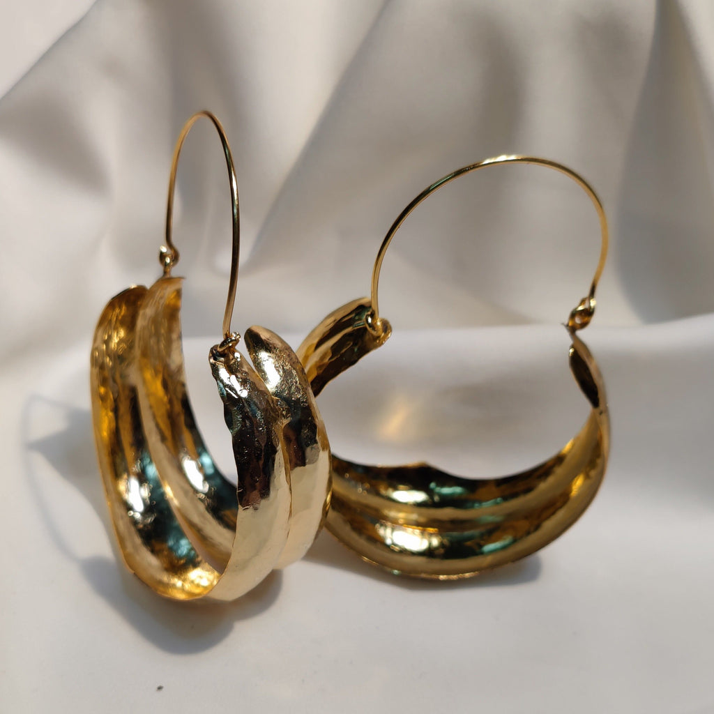 Handmade gold plated brass low drop hoop earrings. 