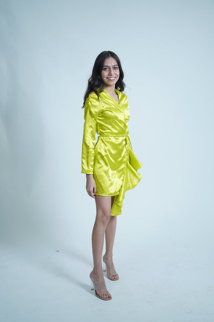 Chartreuse Parrot Green Satin Wrap Up Dress - Wardrob
